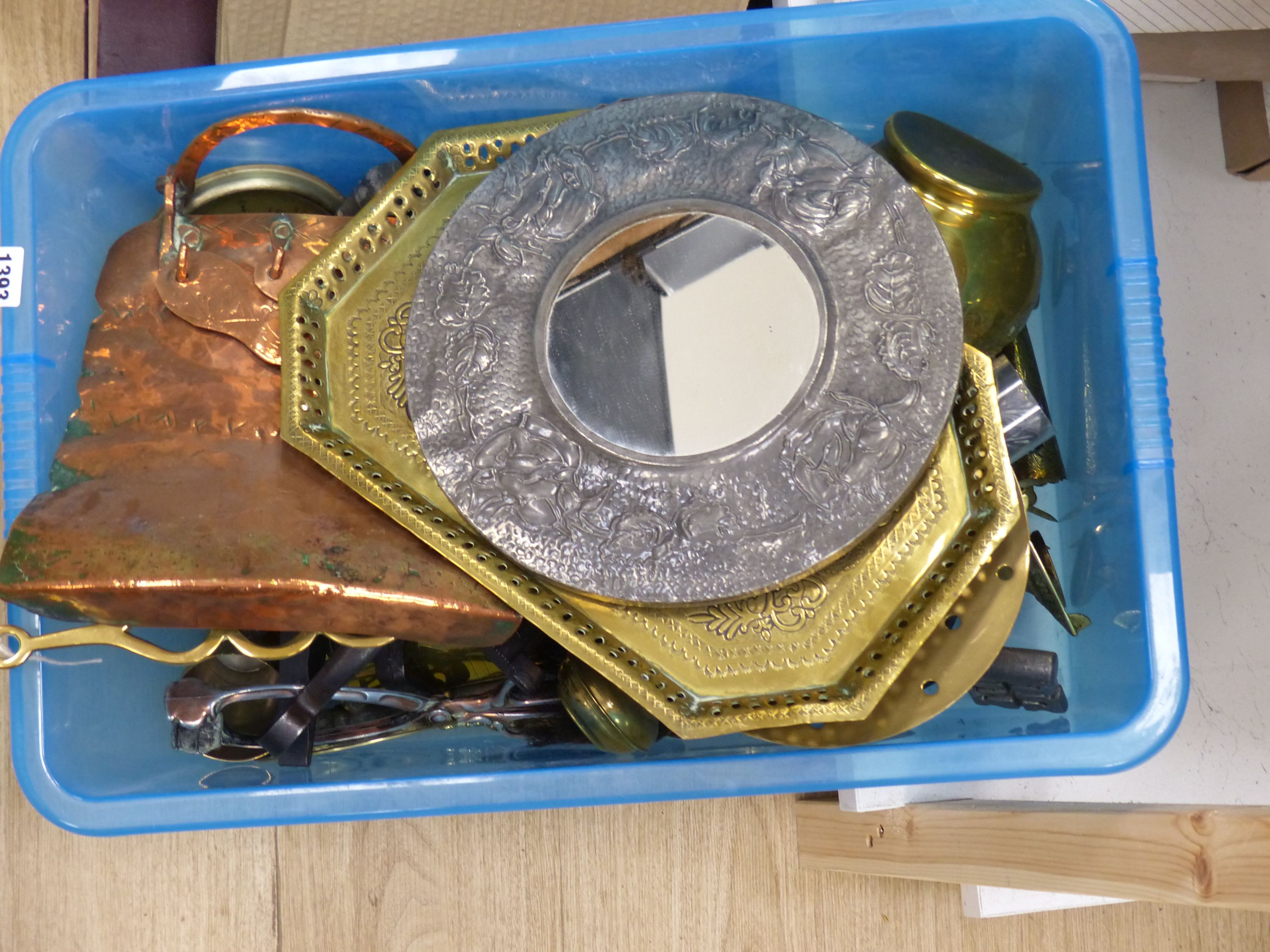 A quantity of copper and brassware, including a cream skimmer, a GWR railway carriage lamp, a large wrought iron key, etc.